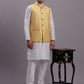 Men's Golden Woven Design Nehru Jacket With Solid Kurta Pyjama.