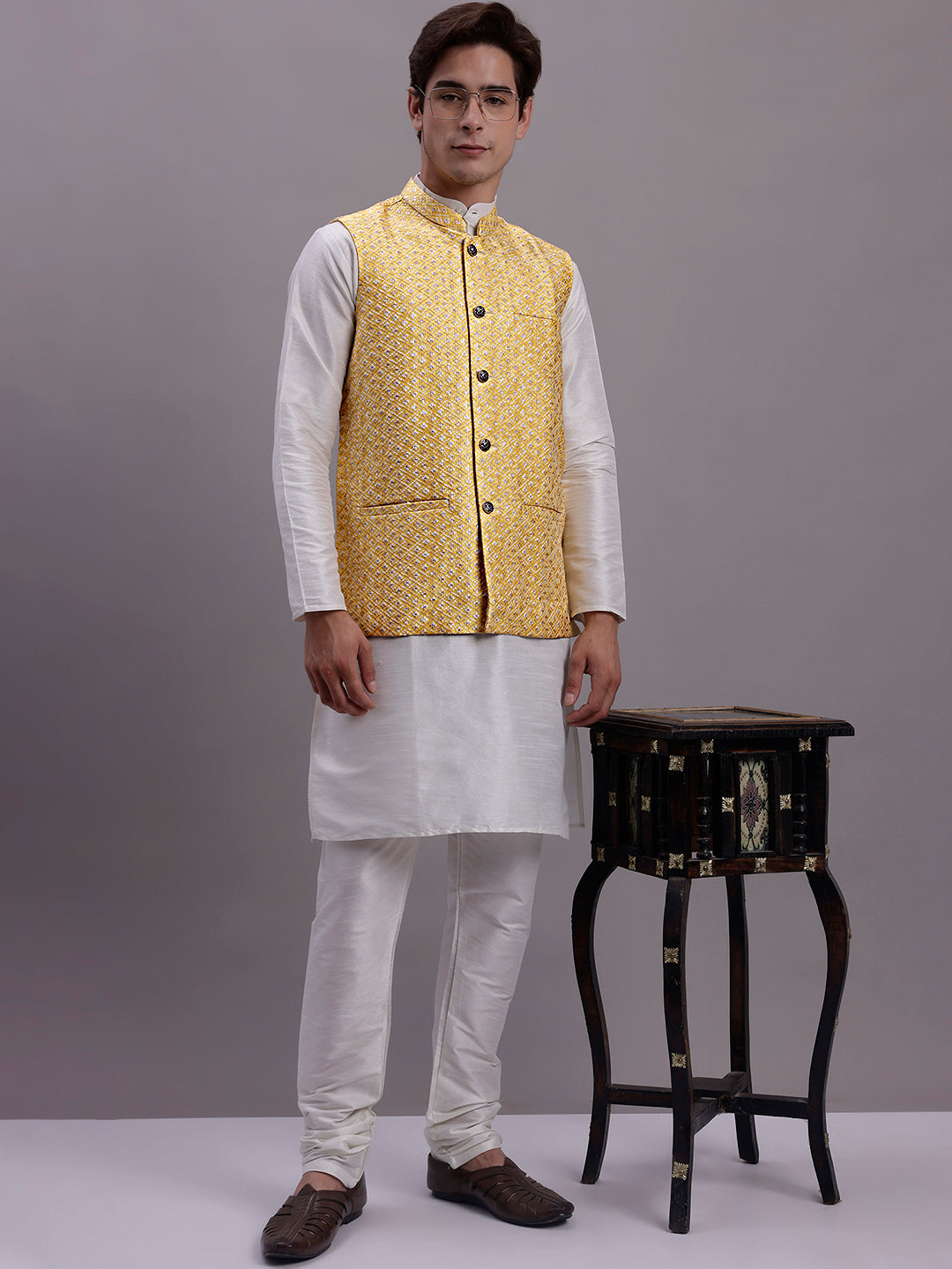 Men's Golden Woven Design Nehru Jacket With Solid Kurta Pyjama.