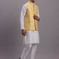 Men's Golden Woven Design Nehru Jacket With Solid Kurta Pyjama.