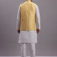 Men's Golden Woven Design Nehru Jacket With Solid Kurta Pyjama.