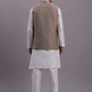 Men's Peach Woven Design Nehru Jacket With Solid Kurta Pyjama.