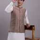 Men's Peach Woven Design Nehru Jacket With Solid Kurta Pyjama.
