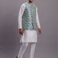 Men's Turquoise Blue Woven Design Nehru Jacket With Solid Kurta Pyjama.