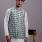 Men's Turquoise Blue Woven Design Nehru Jacket With Solid Kurta Pyjama.