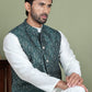 Men's Printed Nehru Jacket With Kurta Pyjama Set ( JOKPWC 636W 4084Olive )