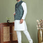 Men's Printed Nehru Jacket With Kurta Pyjama Set ( JOKPWC 636W 4084Olive )