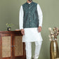 Men's Printed Nehru Jacket With Kurta Pyjama Set ( JOKPWC 636W 4084Olive )
