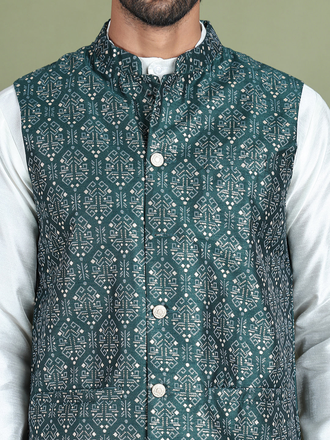 Men's Printed Nehru Jacket With Kurta Pyjama Set ( JOKPWC 636W 4084Olive )