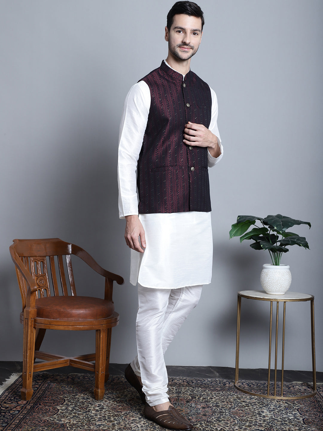 Men's Woven Design Nehru Jacket With Kurta Pyjama Set