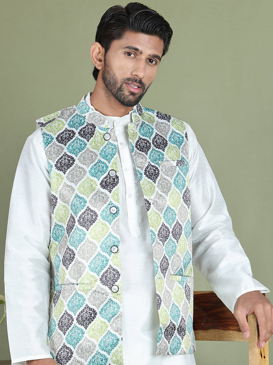 Printed Nehru Jacket With Kurta Pyjama Set for Men ( JOKPWC 636W 4090Green )