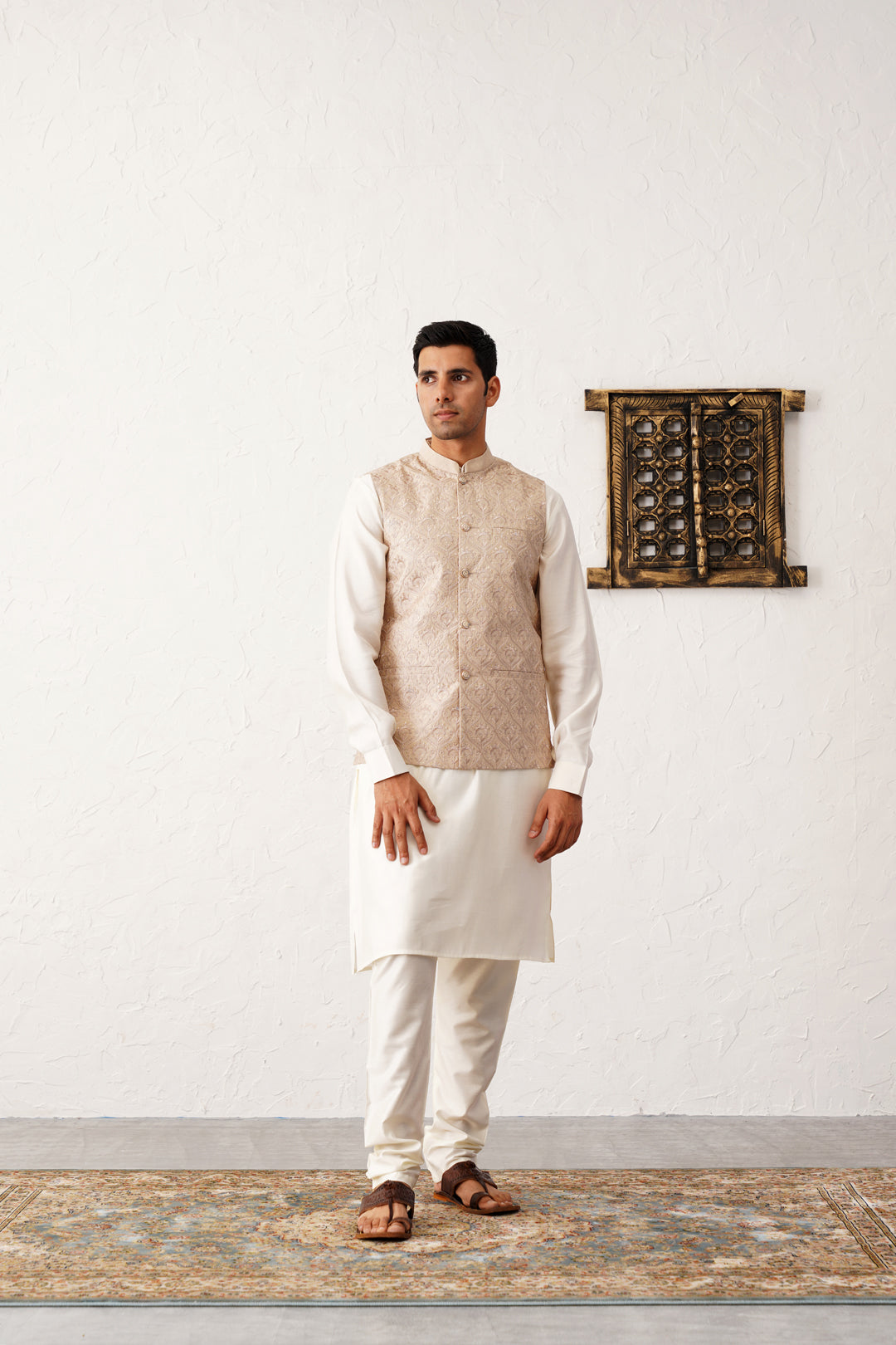 Men's Sequins and Embroidred Nehru Jacket With Solid Kurta Pyjama