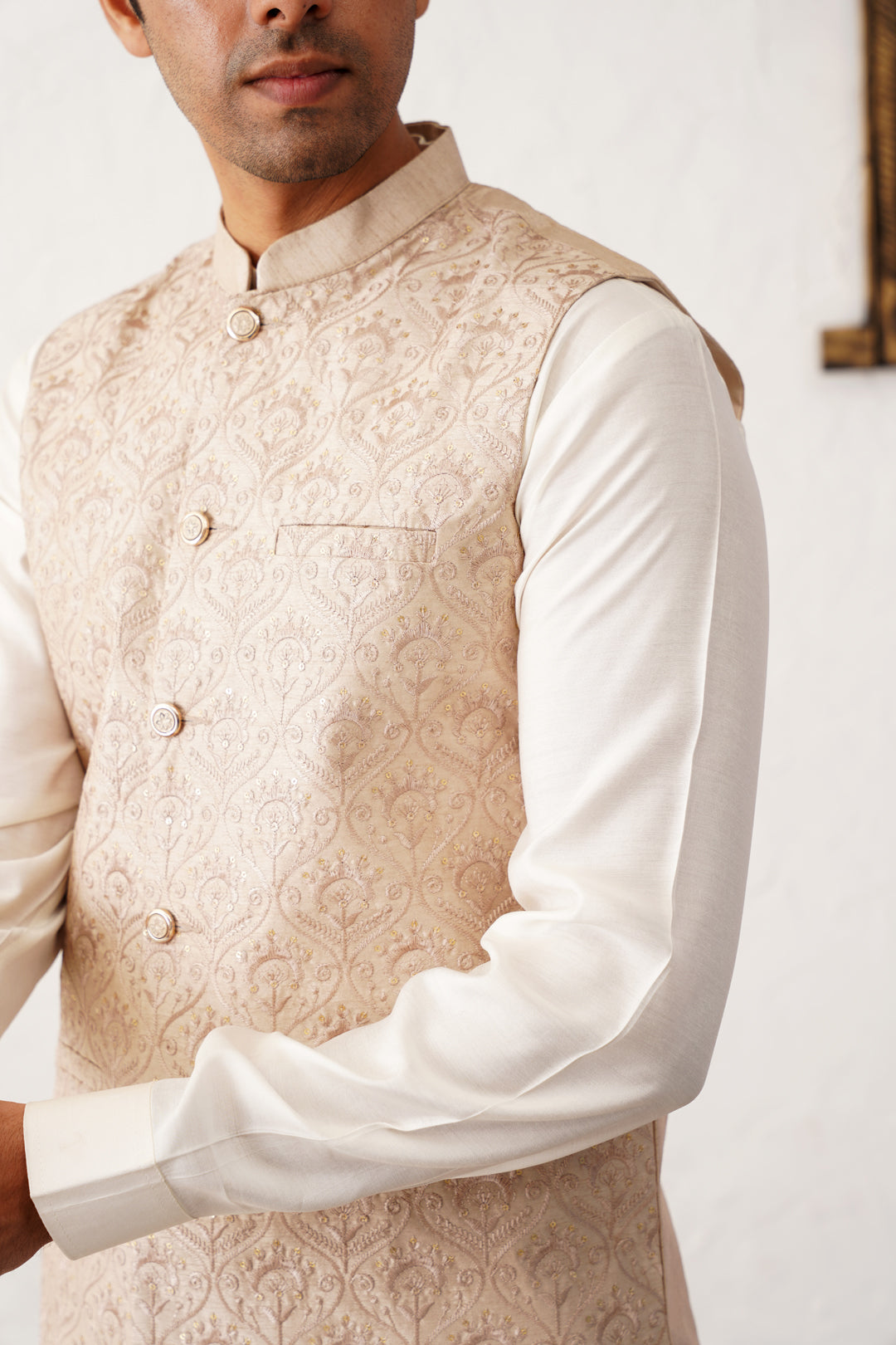 Men's Sequins and Embroidred Nehru Jacket With Solid Kurta Pyjama