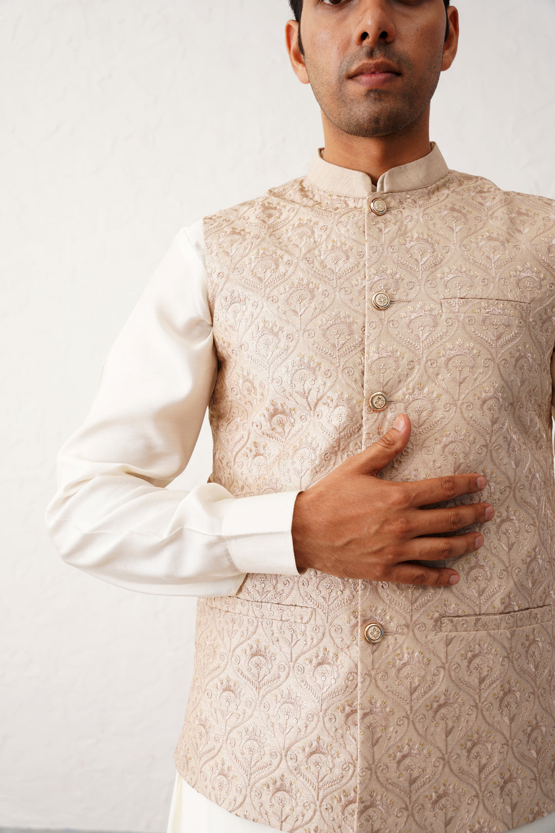 Men's Sequins and Embroidred Nehru Jacket With Solid Kurta Pyjama