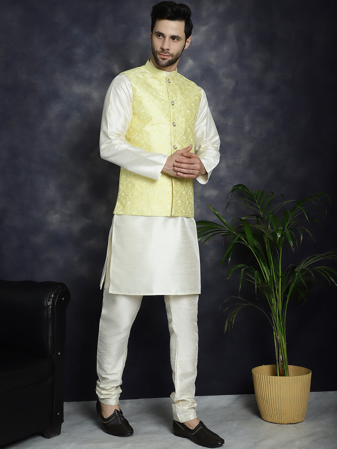 Men's Sequins and Embroidred Nehru Jacket With Solid Kurta Pyjama ( JOKPWC 636W 4096Yellow )