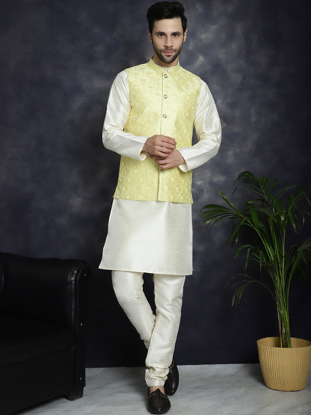 Men's Sequins and Embroidred Nehru Jacket With Solid Kurta Pyjama ( JOKPWC 636W 4096Yellow )