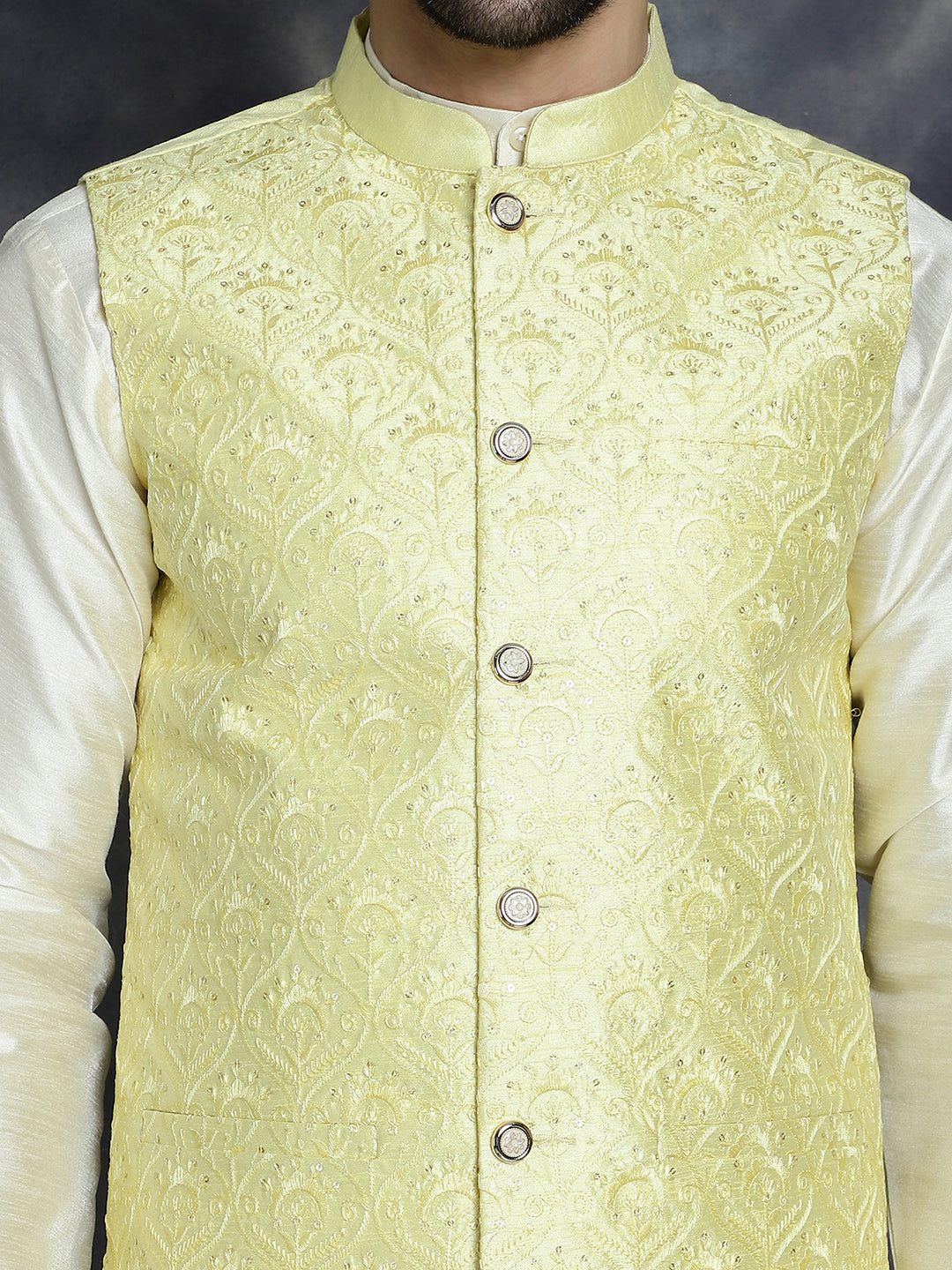 Men's Sequins and Embroidred Nehru Jacket With Solid Kurta Pyjama ( JOKPWC 636W 4096Yellow )