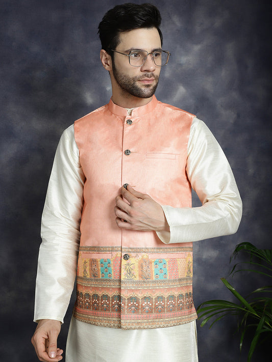 Men's Printed Nehru Jacket With Solid Kurta Pyjama ( JOKPWC 636W 4097Peach )