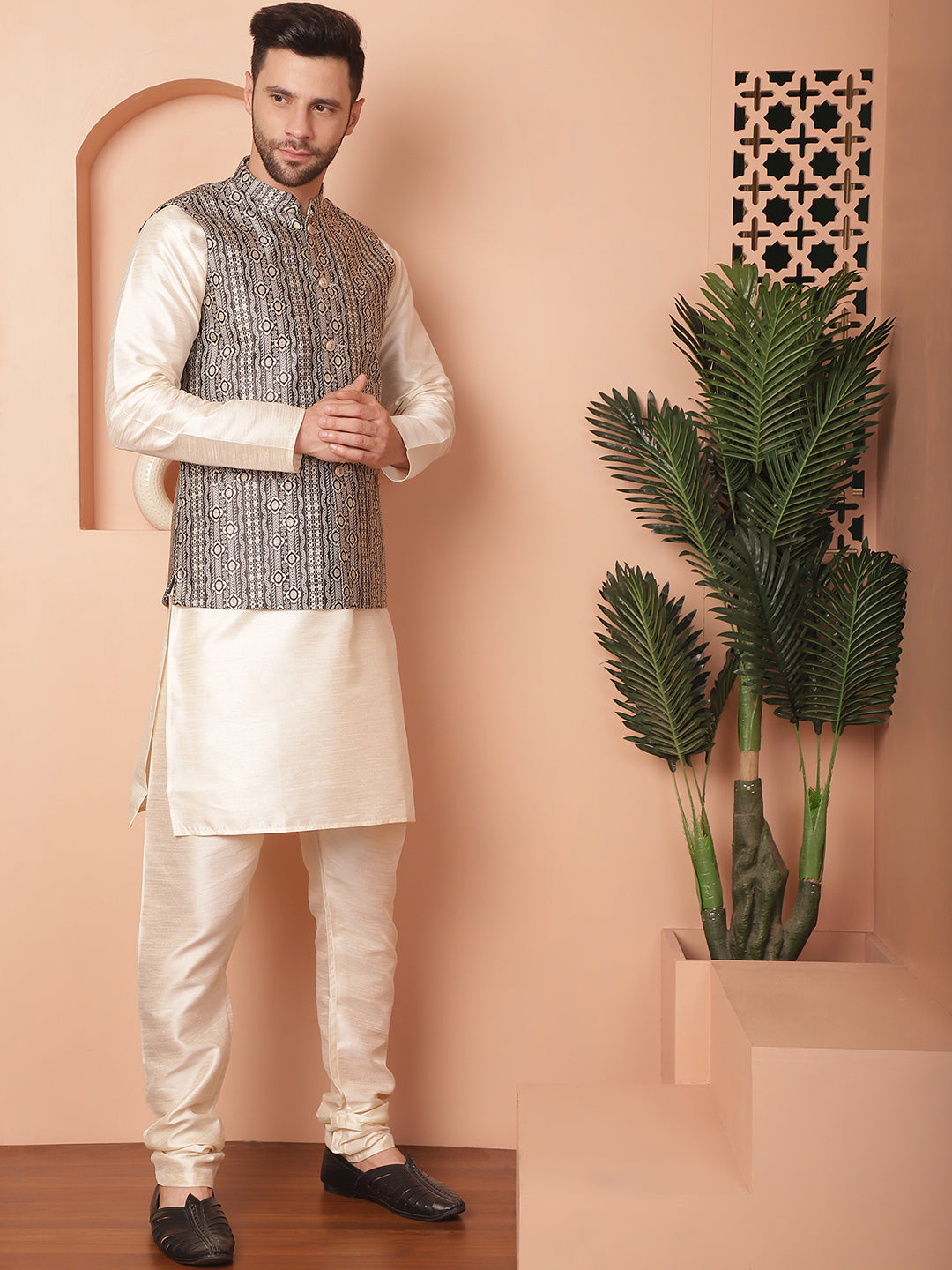 Men's Woven Design Nehru Jacket With Solid Kurta Pyjama