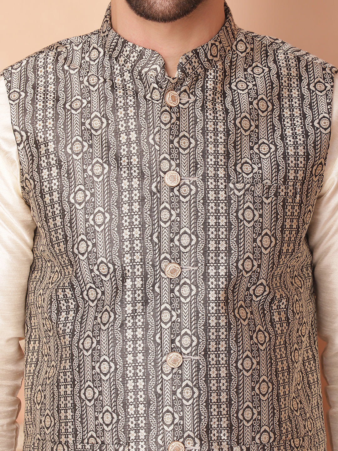 Men's Woven Design Nehru Jacket With Solid Kurta Pyjama