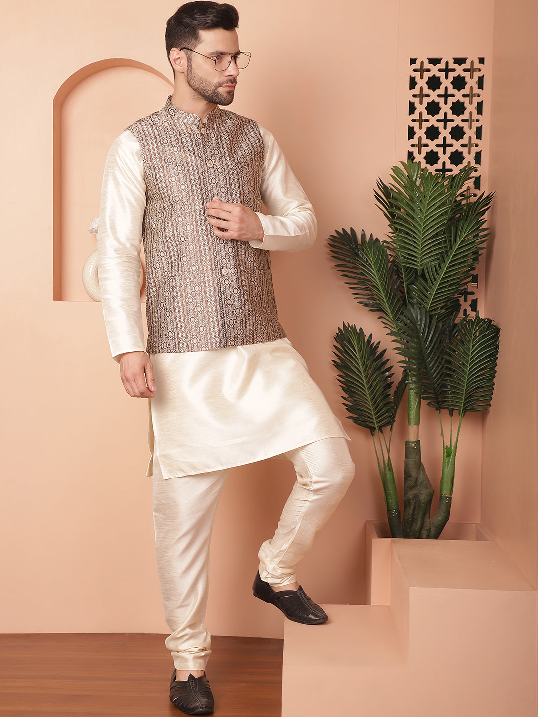 Men's Woven Design Nehru Jacket With Solid Kurta Pyjama