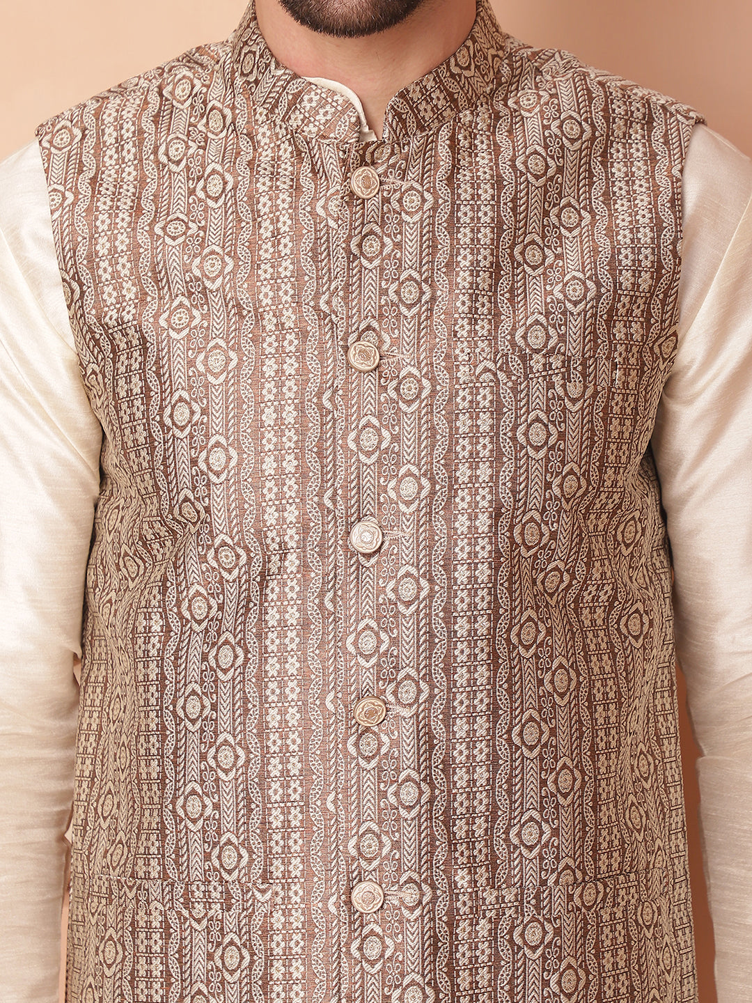 Men's Woven Design Nehru Jacket With Solid Kurta Pyjama