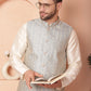 Men's Woven Design Nehru Jacket With Solid Kurta Pyjama
