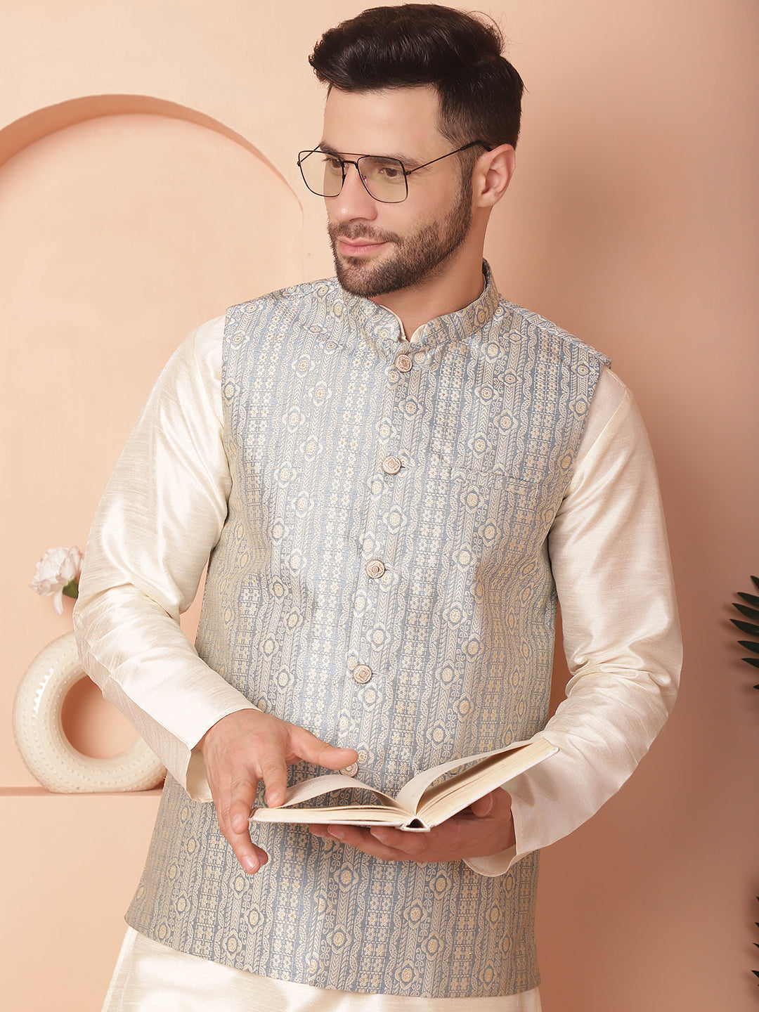 Men's Woven Design Nehru Jacket With Solid Kurta Pyjama