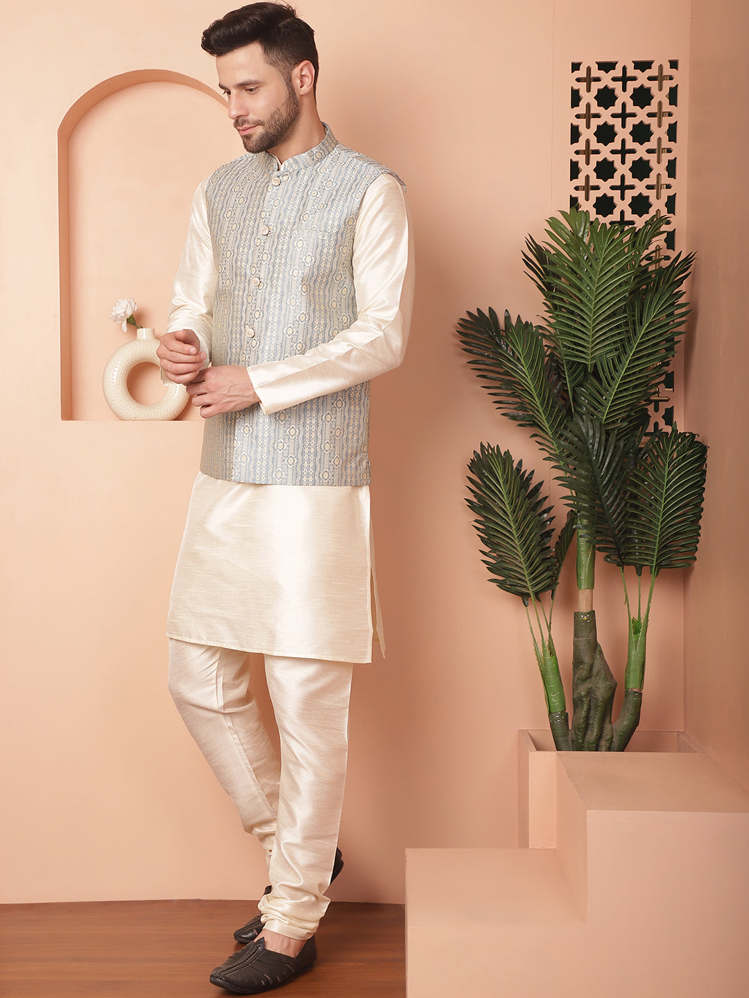 Men's Woven Design Nehru Jacket With Solid Kurta Pyjama