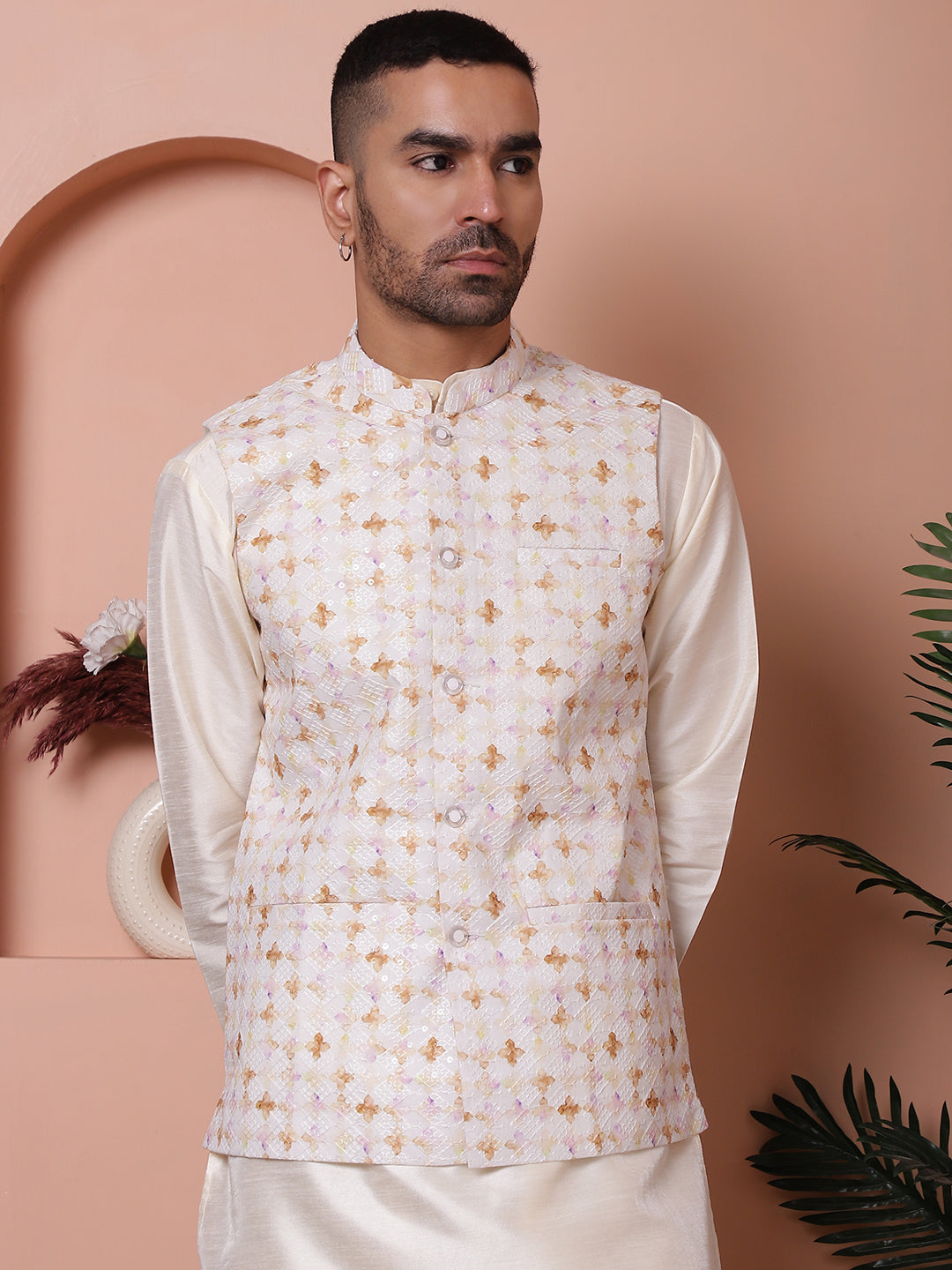 Sequins and Printed Nehru Jacket With Solid Kurta Pyjama