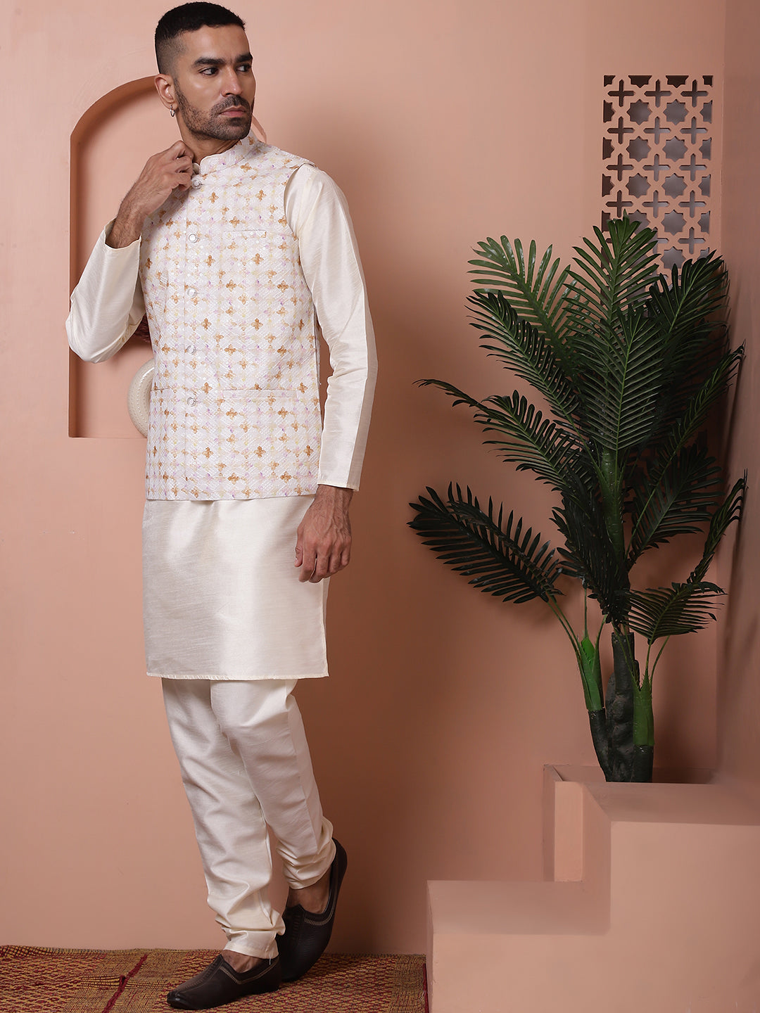 Sequins and Printed Nehru Jacket With Solid Kurta Pyjama