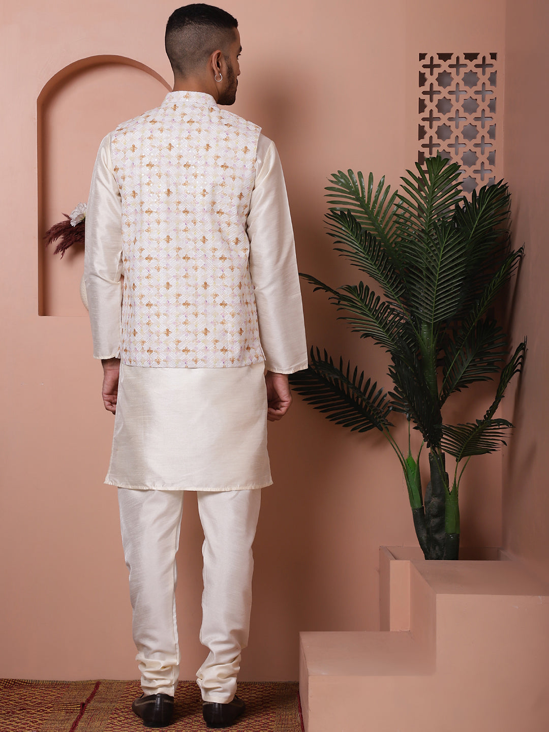 Sequins and Printed Nehru Jacket With Solid Kurta Pyjama