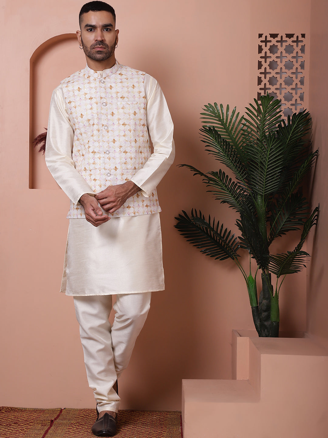 Sequins and Printed Nehru Jacket With Solid Kurta Pyjama