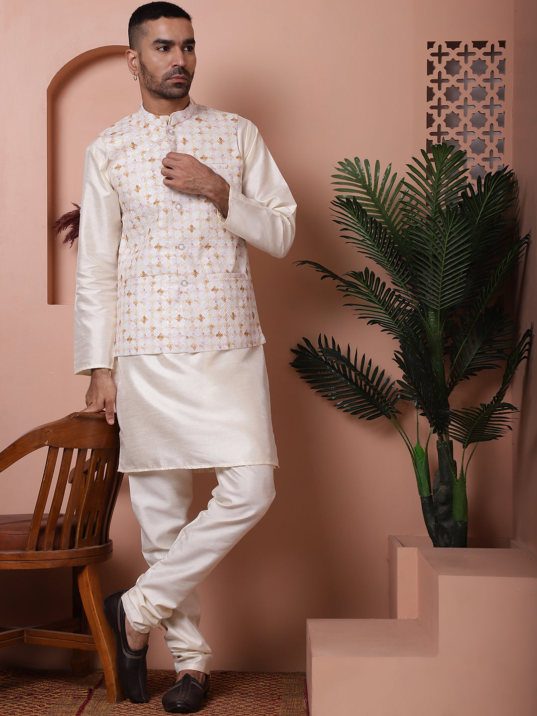 Sequins and Printed Nehru Jacket With Solid Kurta Pyjama