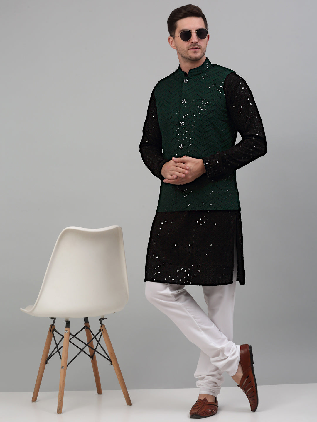 Sequin and Embroidered Nehru Jacket With Kurta Pyjama [FF] E102-E1302
