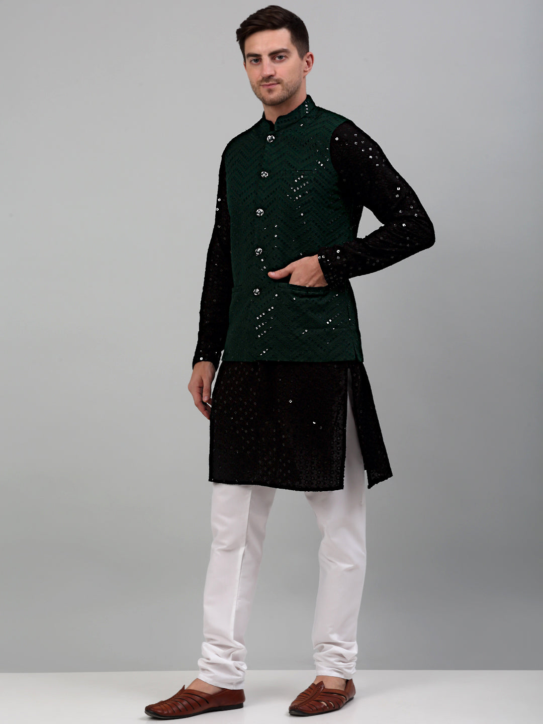 Sequin and Embroidered Nehru Jacket With Kurta Pyjama [FF] E102-E1302