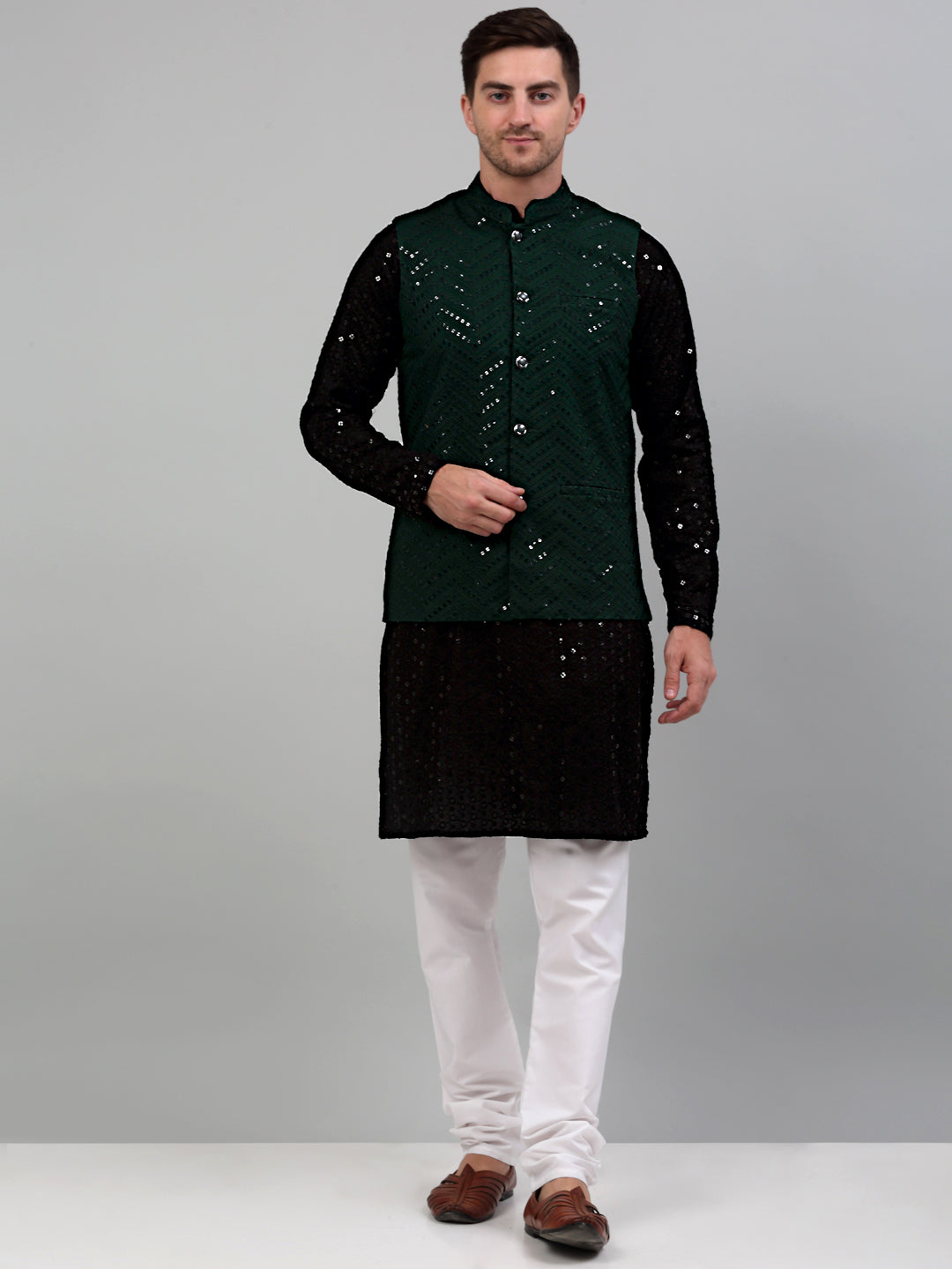 Sequin and Embroidered Nehru Jacket With Kurta Pyjama [FF] E102-E1302