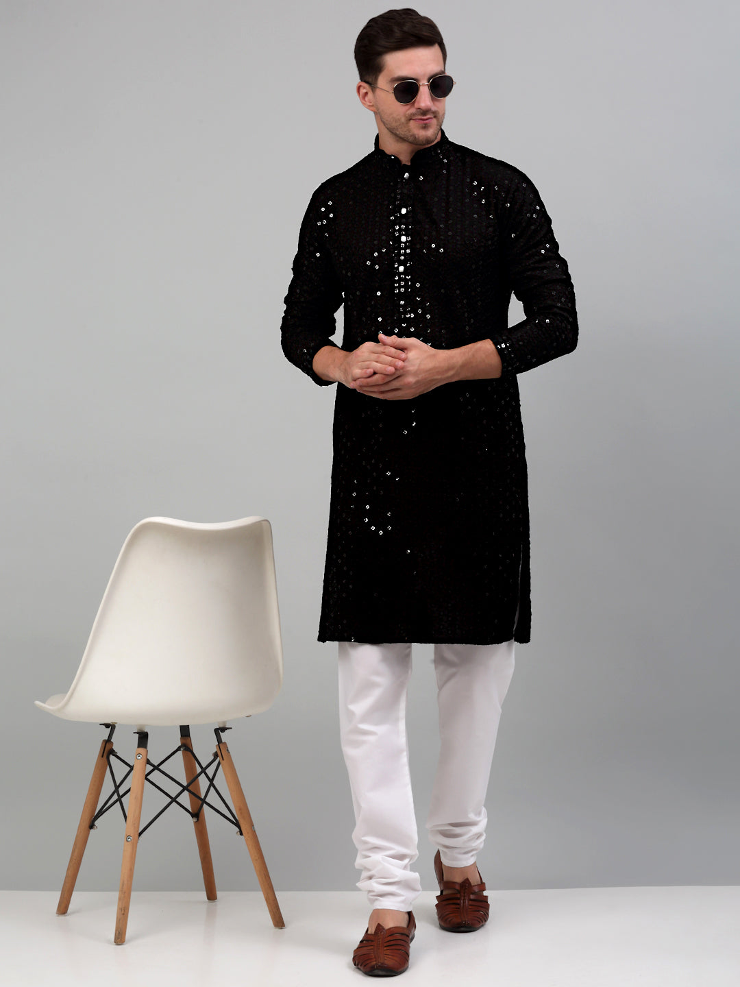 Sequin and Embroidered Nehru Jacket With Kurta Pyjama [FF] E102-E1302