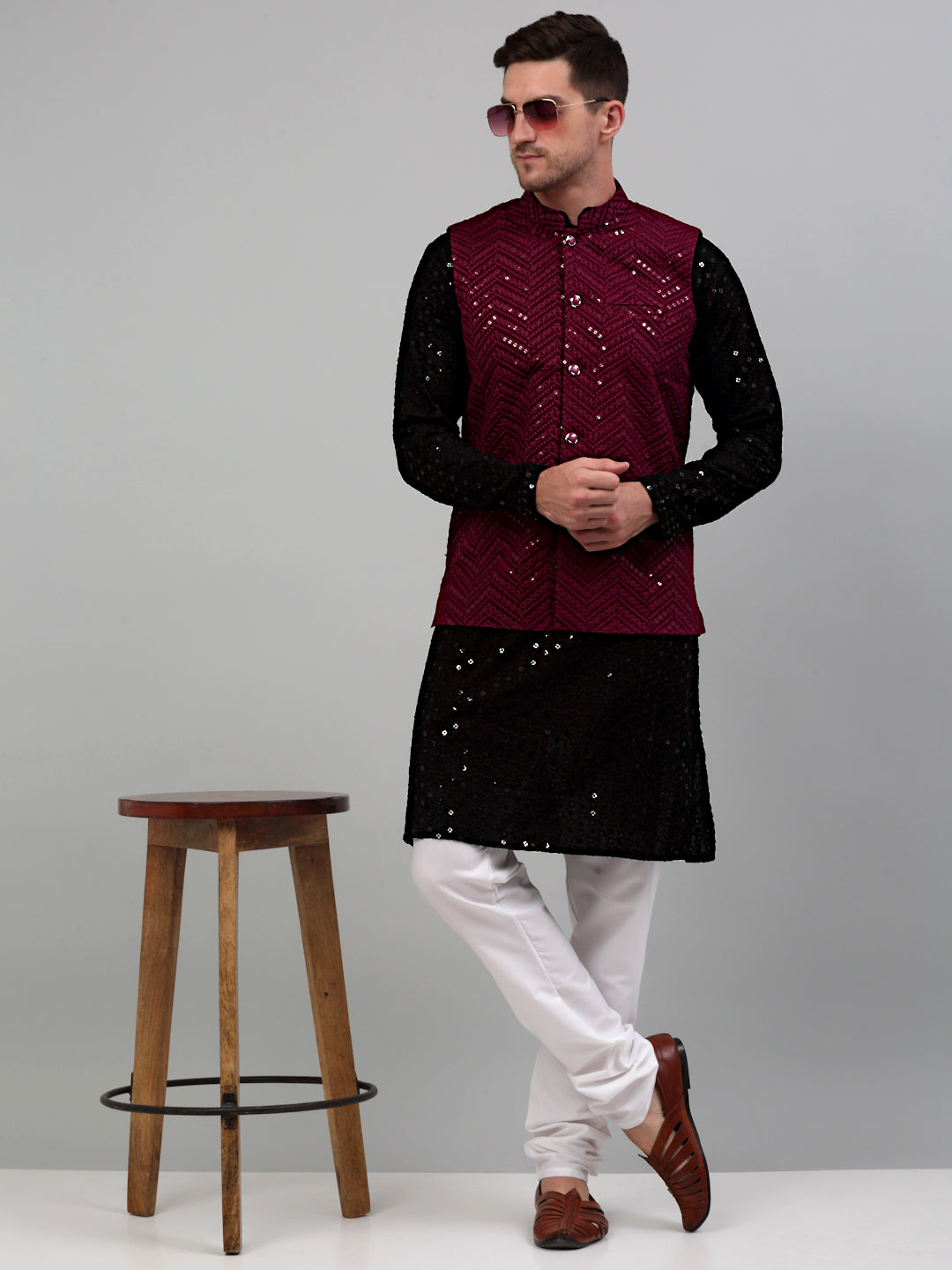 Sequin and Embroidered Nehru Jacket With Kurta Pyjama [FF] E102-E1302