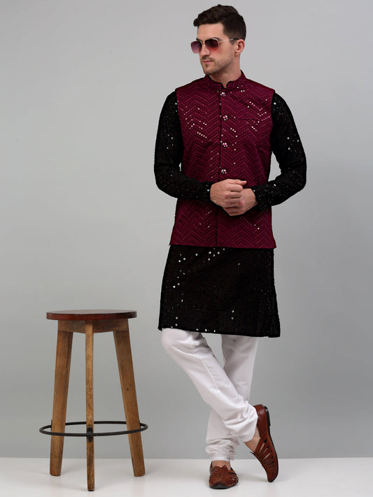 Sequin and Embroidered Nehru Jacket With Kurta Pyjama [FF] E102-E1302