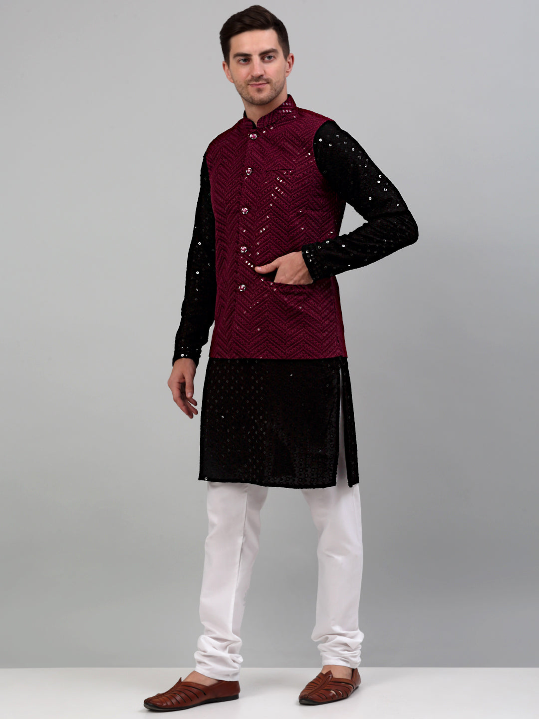 Sequin and Embroidered Nehru Jacket With Kurta Pyjama [FF] E102-E1302