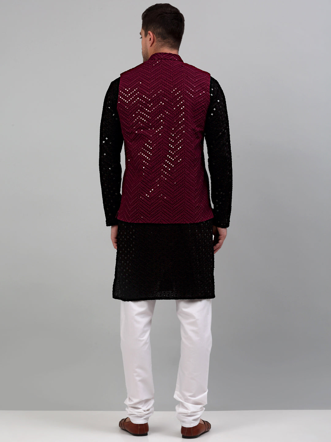 Sequin and Embroidered Nehru Jacket With Kurta Pyjama [FF] E102-E1302
