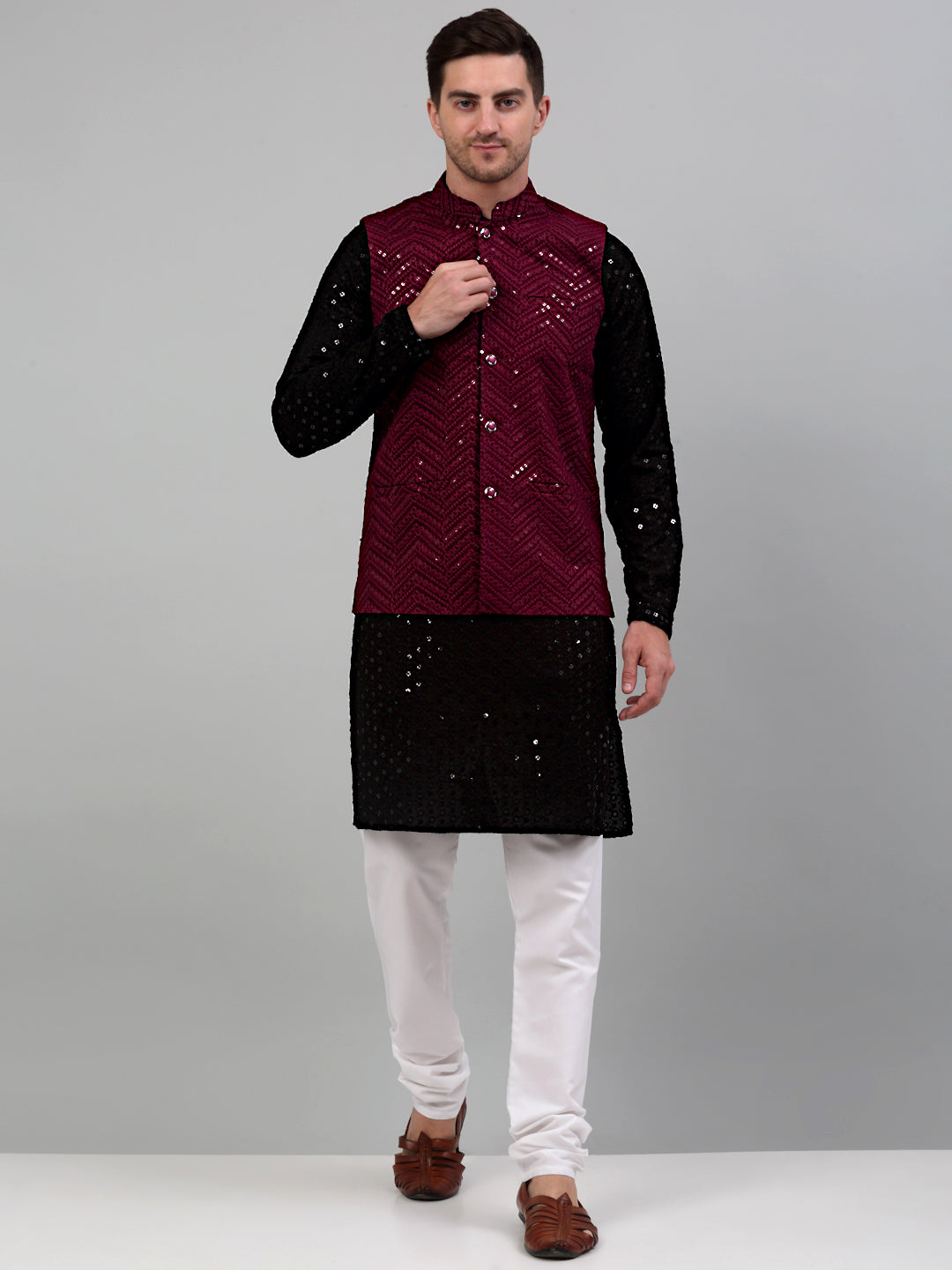 Sequin and Embroidered Nehru Jacket With Kurta Pyjama [FF] E102-E1302