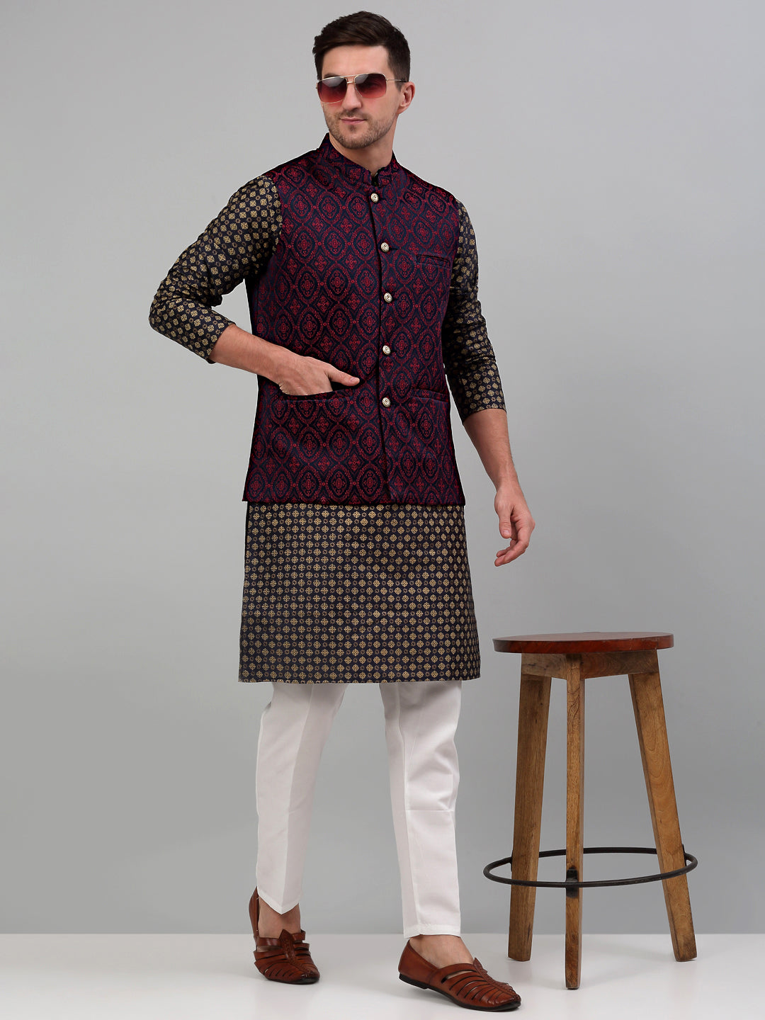Men's Woven Design Nehru Jacket with Printed Kurta Pyjama Set