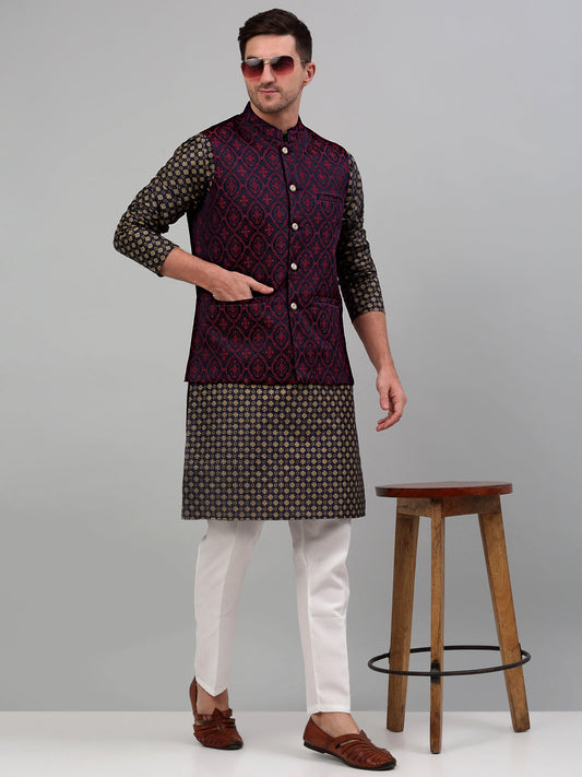 Men's Woven Design Nehru Jacket with Printed Kurta Pyjama Set