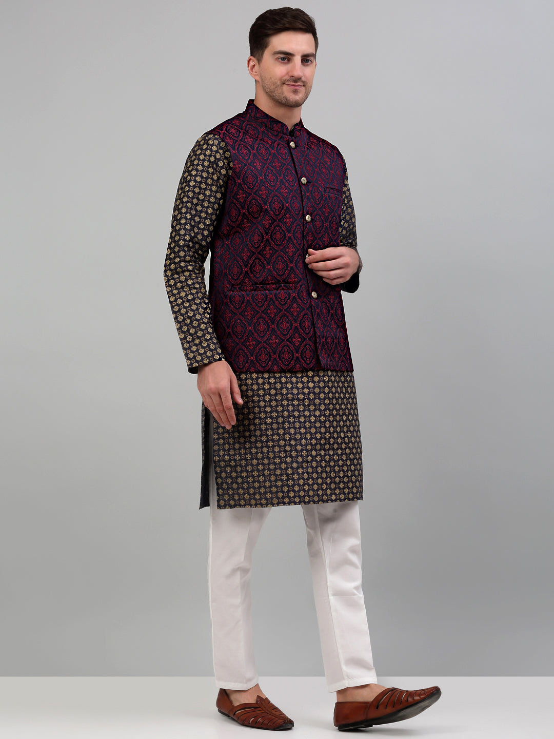 Men's Woven Design Nehru Jacket with Printed Kurta Pyjama Set