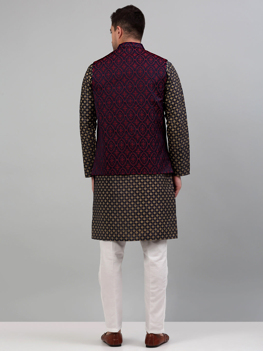 Men's Woven Design Nehru Jacket with Printed Kurta Pyjama Set