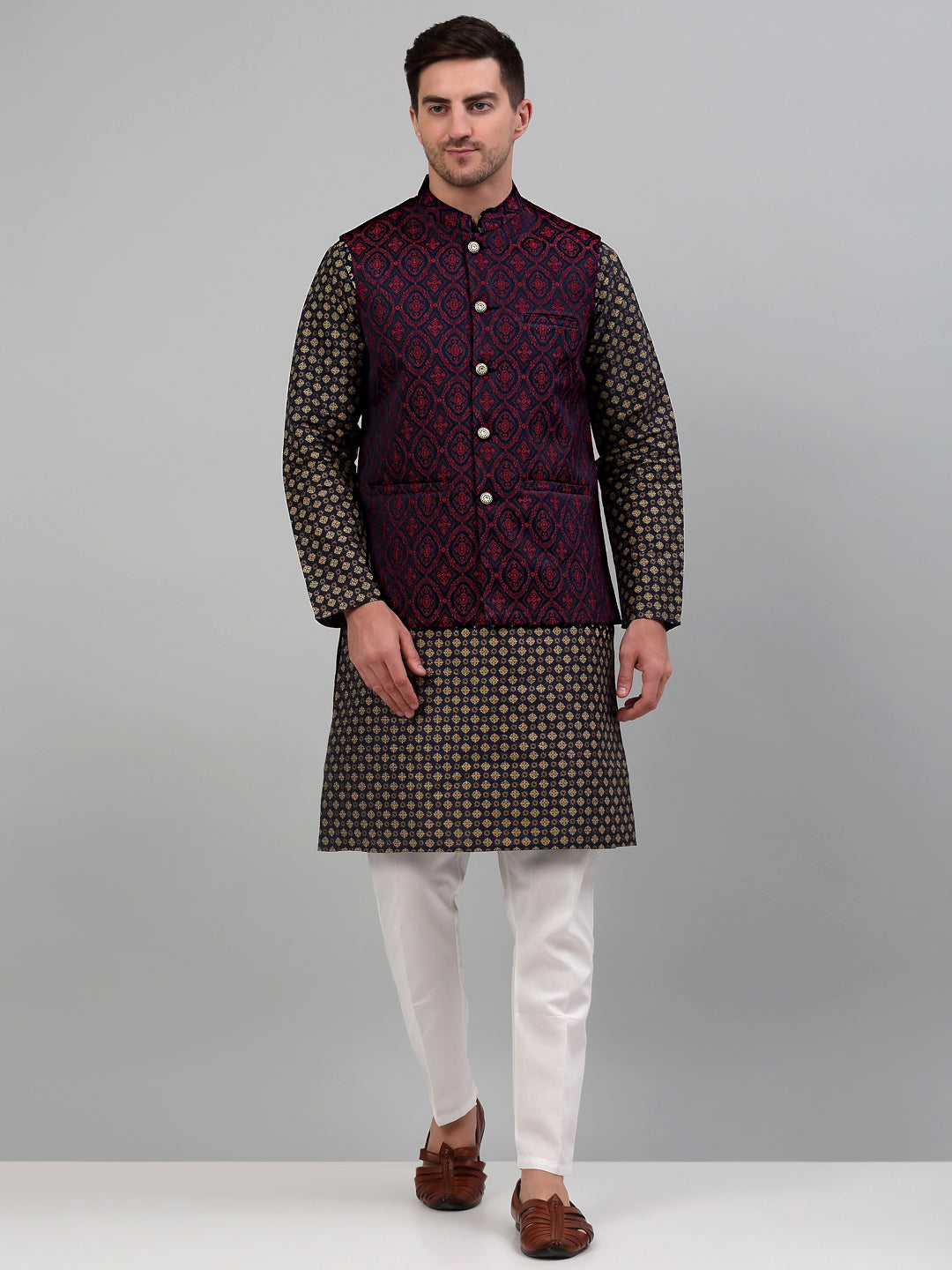 Men's Woven Design Nehru Jacket with Printed Kurta Pyjama Set