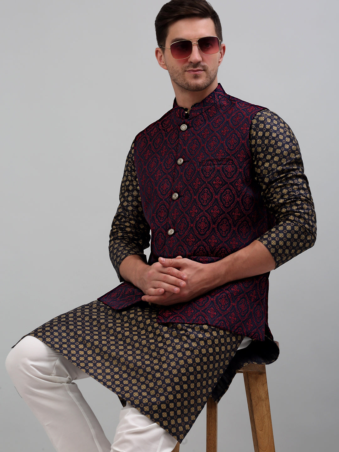 Men's Woven Design Nehru Jacket with Printed Kurta Pyjama Set
