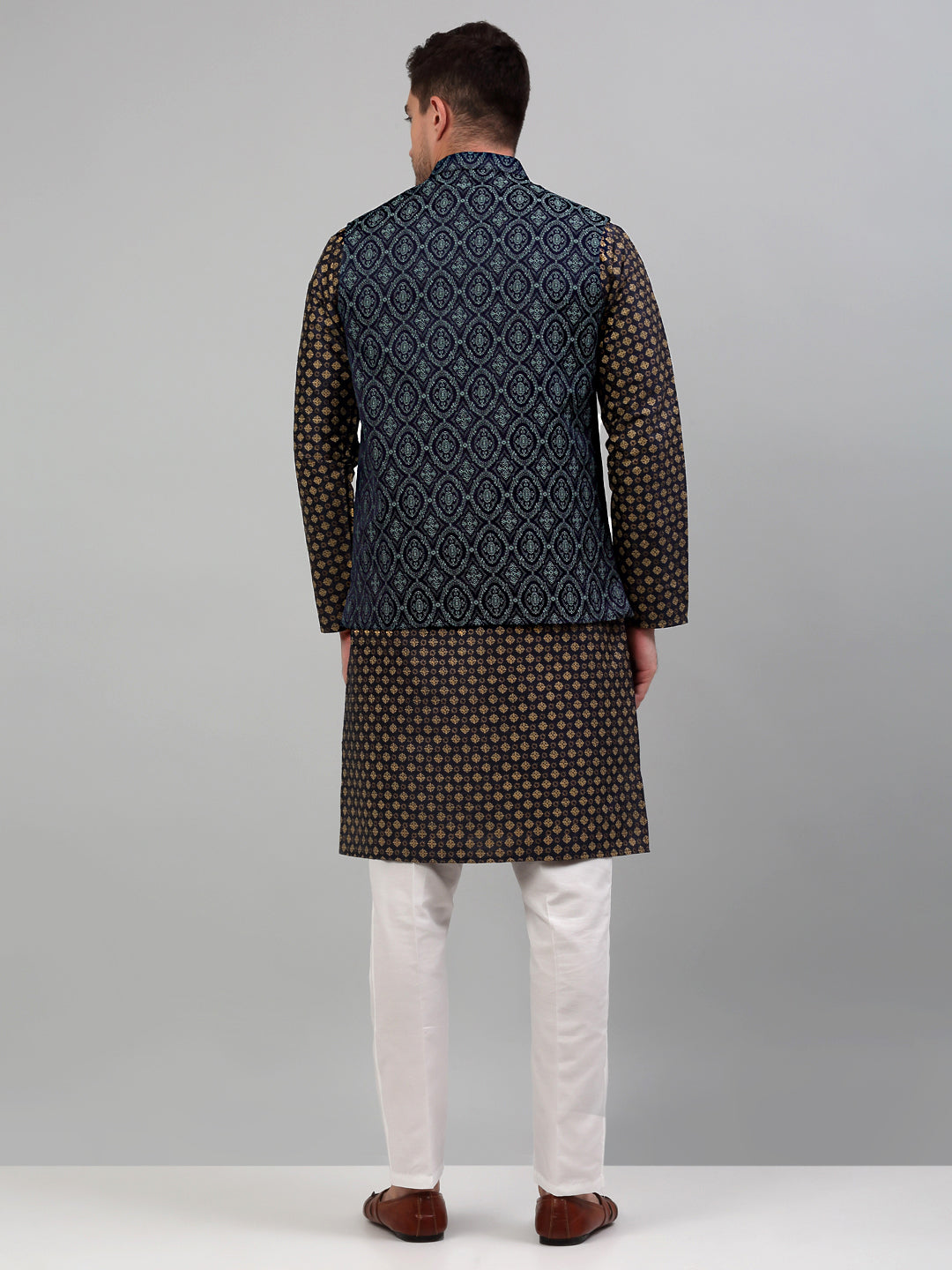 Men's Woven Design Nehru Jacket with Printed Kurta Pyjama Set