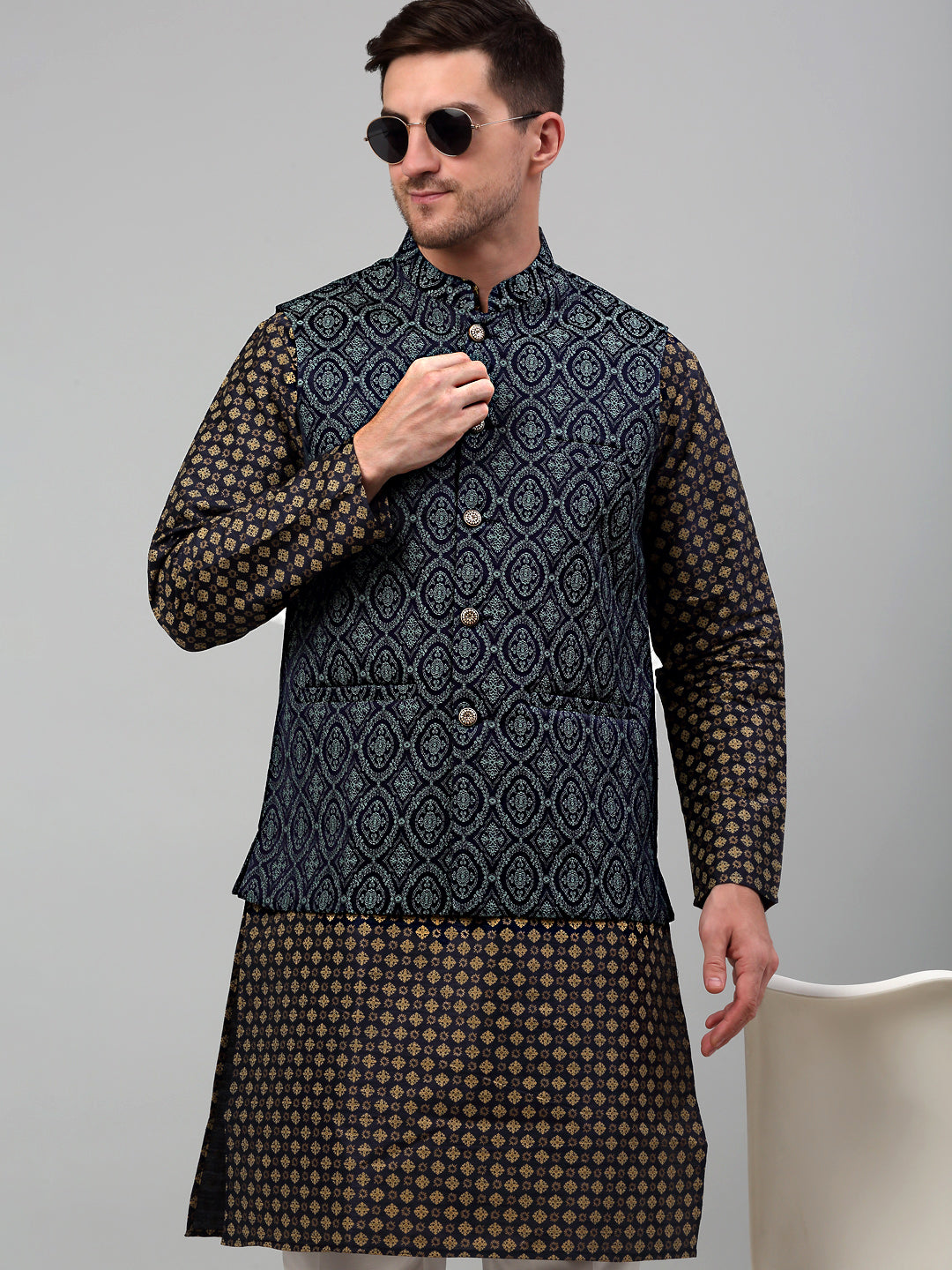 Men's Woven Design Nehru Jacket with Printed Kurta Pyjama Set